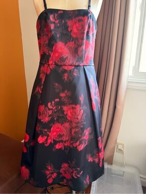 Black Satin Dress with Red Floral Print, Size 10, Pocket Dress, Lord & Taylor